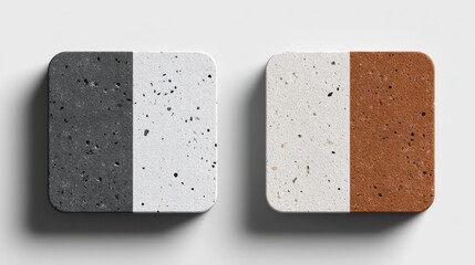 Two square samples of speckled stone in contrasting colors.