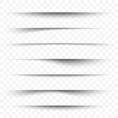Horizontal shadow overlay effect. A set of realistic shadow strips, page dividers and edge effects. Paper drop shadow effect with 3D shaded lines on a transparent background. Vector
