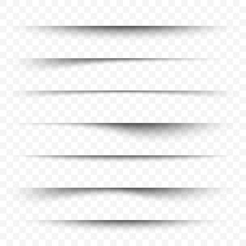 Horizontal shadow overlay effect. A set of realistic shadow strips, page dividers and edge effects. Paper drop shadow effect with 3D shaded lines on a transparent background. Vector