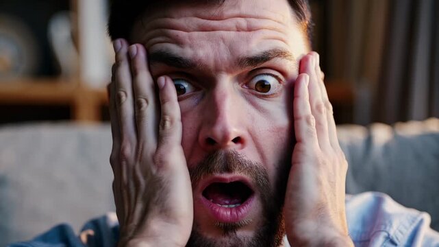 Man screams in fear. Both hands hold cheeks tightly. Face shows fear, panic, shock, surprise. Panic expression close-up. Scream, scared emotion, shock, surprise, fear, man reaction, panic moment.
