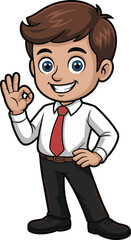 Cartoon man in white shirt, red tie, black pants, making OK gesture, confident pose, vector illustration, isolated character