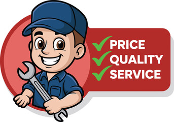 Cartoon mechanic in blue uniform and cap holding wrench, standing beside checklist box showing price, quality, service, vector illustration