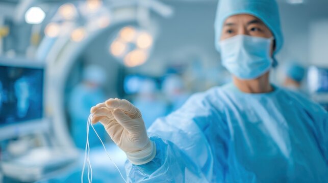 Focused medium shot of an interventionalradiology assistant extending a stent package to the doctor in the angiography suite background softly blurred. - Powered by Adobe