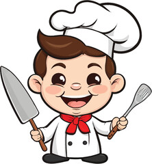 Cartoon Chef Ready to Cook - Cheerful Young Cook Character Holding Kitchen Utensils for Children's Books, Food Illustrations, and Culinary Education Materials.