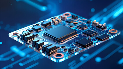 3D render of transparent circuit board floating in glowing blue digital space for tech concept
