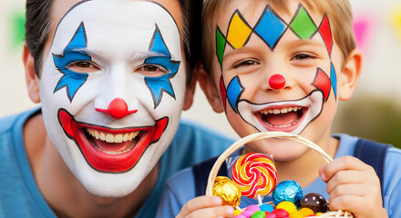 Happy father and son with face paintings as clown and jester. Halloween party, birthday party, school event, parenting, family bonding, holiday activities, or campaign concept.