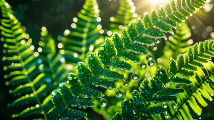 Premium close up of dew on fresh green fern with sunlight reflections for nature detail photography
