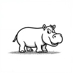 Cartoon hippopotamus smiling in black and white illustration  