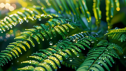Premium close up of dew on fresh green fern with sunlight reflections for nature detail photography
