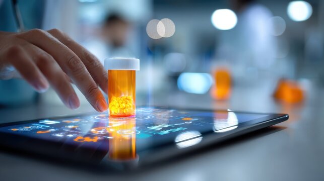 Detailed view of a digital pill bottle sensors data sync process on a tablet dashboard with blurred hands interacting and ambient clinical setting surrounding it.