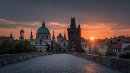 Fototapeta premium as sun sets over historic architecture of prague sky transforms into stunning palette of colors