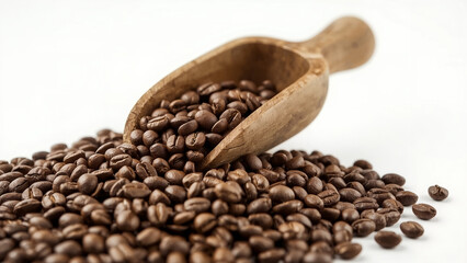 Fototapeta premium Rustic Wooden Scoop Filled with Roasted Coffee Beans, Spilling onto a Clean White Background with Copy Space