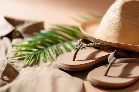 Minimalist flat lay tropical summer fashion set. Eco shirt, hat, flip flops, leaf shadow on beige background - Powered by Adobe