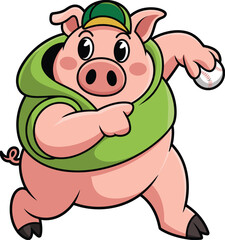 Cartoon pig character, green hoodie, baseball pose, sporty animal, throwing ball, dynamic action, vector art, cap, curly tail, playful illustration