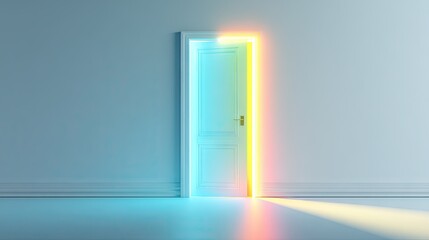Open door illuminated by vibrant neon light.