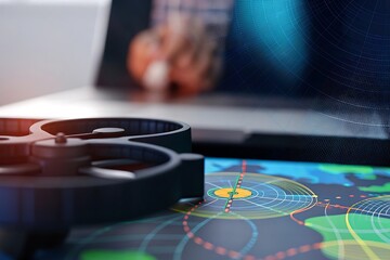 Close up of a computer hard drive and motherboard with glowing digital network connections