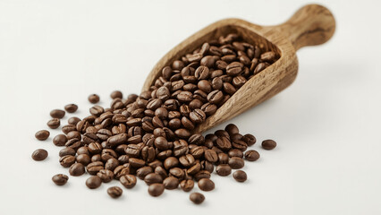 Roasted Coffee Beans Spilling from a Rustic Wooden Scoop, Creating a Natural and Earthy Composition on a White Background