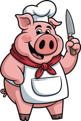 Cartoon pig chef with knife, wearing white apron, chef hat, and red neckerchief, smiling cooking character, vector illustration