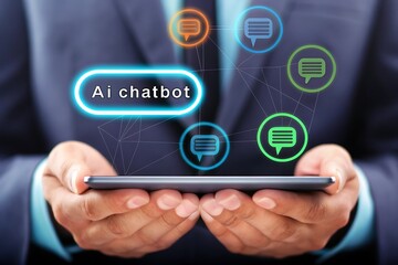 Businessman holding smartphone with ai chatbot interface and communication icons floating above