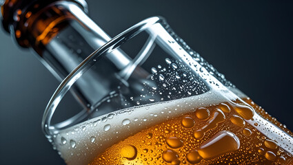 Craft beer bottle condensation shot in studio light for refreshing branding
