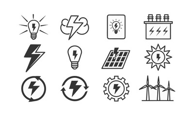Collection of black silhouette energy and electricity-related icons in a minimal flat vector style, lightning bolts, electrical plugs, light bulb, battery icon, shield with lightning, easily editable.