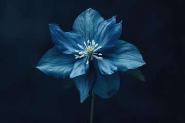 A single deep blue columbine flower with delicate petals blooms against a dark moody background
