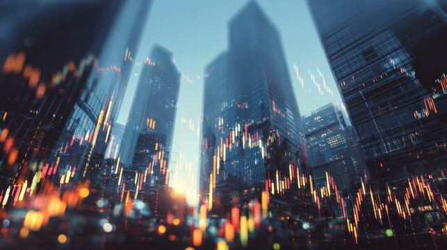 worldwide stock market concept with glowing financial chart graphs on business background with skyscrapers double exposure no logos no brands ar 169