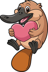 Cartoon platypus character, holding pink heart, black bill, big eyes, wide smile, sitting pose, cute animal, vector illustration, love theme