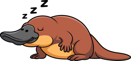 Cartoon platypus character, sleeping pose, brown body, yellow belly, flat bill, webbed feet, ZZZ symbols, cute animal, vector illustration