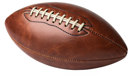 A close up view of a brown leather american football with laces on transparent background