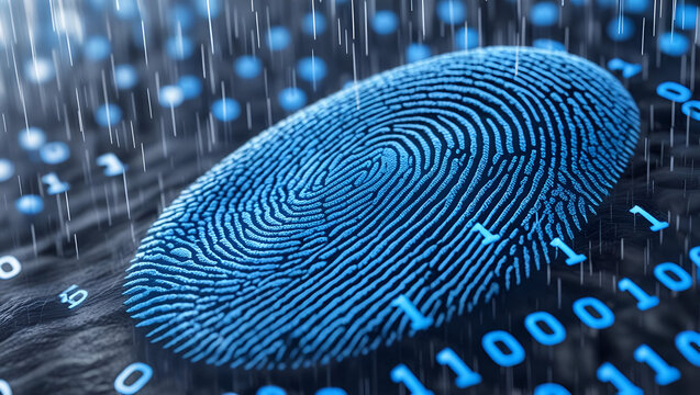 Digital fingerprint in blue with binary rain background for cyber security theme
