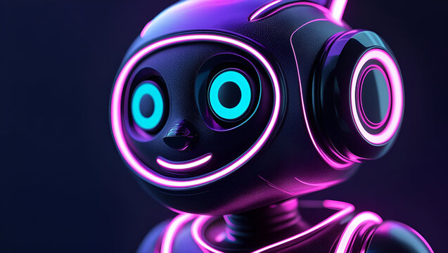Stylized chatbot avatar icon in neon glow on dark background for tech branding
