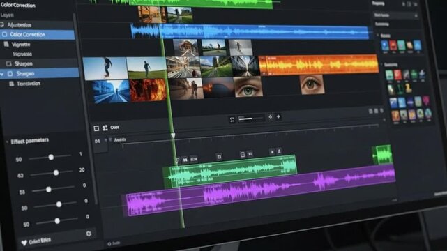 Artistic composition of a video editing application interface, showing multiple colorful sequences, audio waveforms, adjustment layers, and effects panels