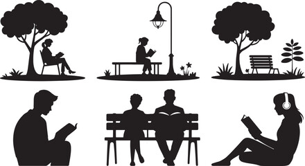Fototapeta premium Silhouette Readers Collection People Reading Books Outdoors Under Trees and on Benches