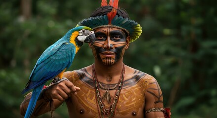 Portrait of an Indigenous Amazonian Man with a Macaw Parrot
