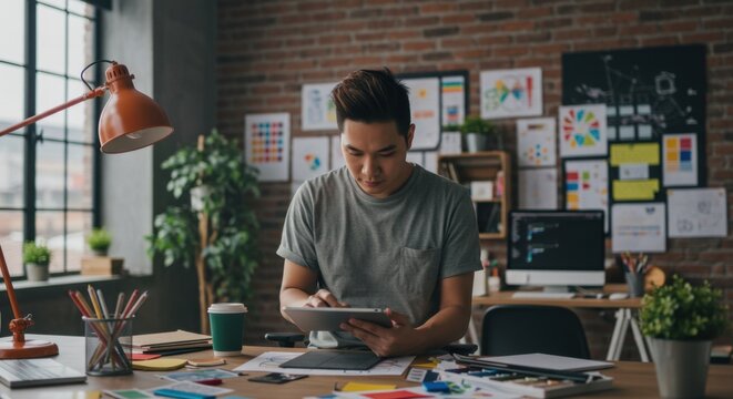 Creative Asian Designer Working on a Tablet in a Modern Loft Studio