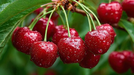 Fresh ripe red cherries with water droplets hanging from tree branch surrounded by green leaves