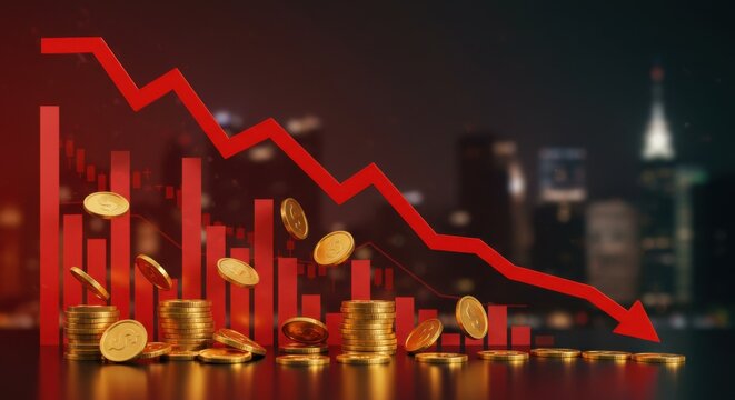 Economic Crisis: Declining Red Stock Market Graph with Falling Gold Coins
