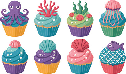 Oceanic Cupcakes Vector Illustration Set with Octopus, Coral, and Sea Shell Designs