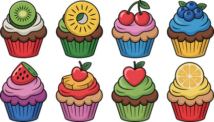 Fruity Cupcakes Vector Illustration Set with Kiwi, Pineapple, Cherry, and Blueberry Designs