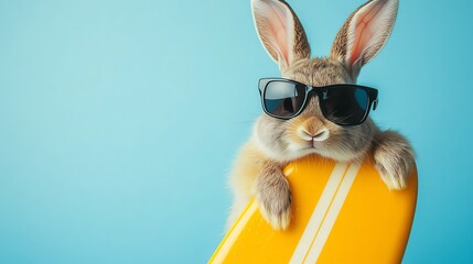 A humorous rabbit wearing sunglasses and holding a surfboard is shown in the stock photo.