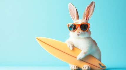 A comical rabbit wearing sunglasses and holding a surfboard is shown in the stock photo.
