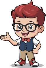 Cartoon red-haired boy in glasses, blue vest, red bow tie, smiling and gesturing, educational character, vector illustration