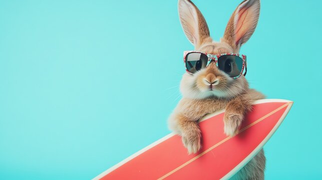 A humorous rabbit wearing sunglasses and holding a surfboard is shown in the stock photo.