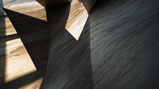 Angled wooden surfaces with sharp shadows create an abstract geometric design