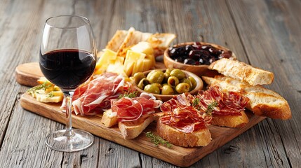 Delicious assortment of Spanish tapas with cured ham cheese olives bread and glass of red wine on table