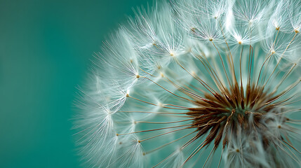 Obraz premium Delicate white dandelion seeds with brown center against teal background fluffy