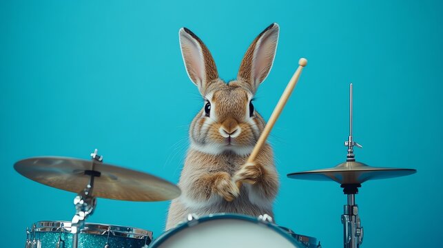 A humorous rabbit enthusiastically plays drums as part of a rock band.
