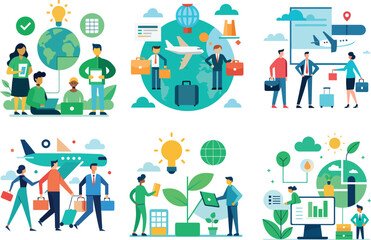 Fototapeta premium A vibrant set of cartoon icons illustrates a diverse group of people, including families and a business team, with a focus on happiness