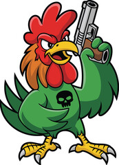 Cartoon rooster with gun, aggressive chicken character, red comb bird, green feathers, skull chest symbol, vector animal art design